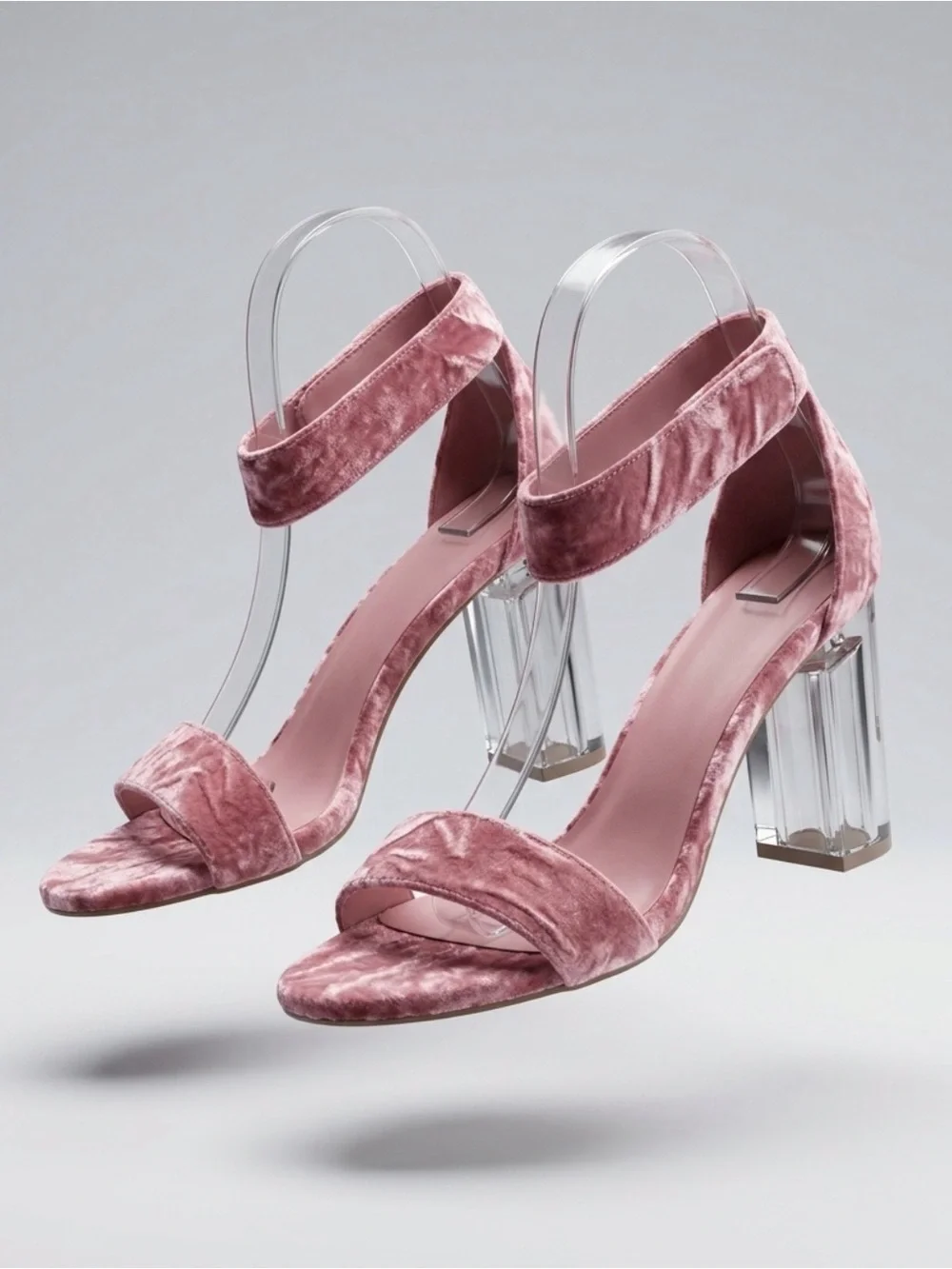 Blush Pink Velvet Block Heel Sandals - Women's Ankle Strap